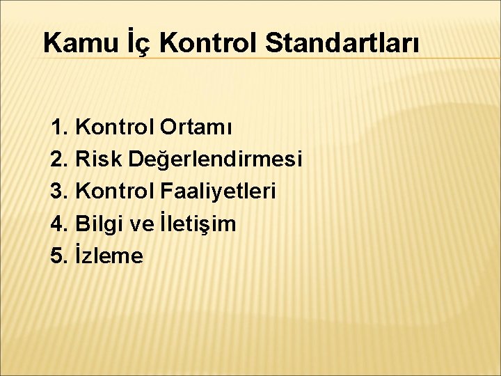 Kamu İç Kontrol Standartları 1. Kontrol Ortamı 2. Risk Değerlendirmesi 3. Kontrol Faaliyetleri 4.