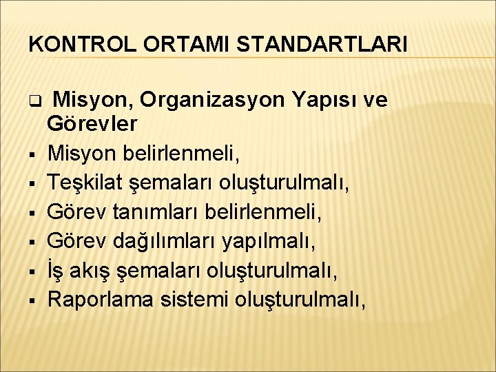 KONTROL ORTAMI STANDARTLARI Misyon, Organizasyon Yapısı ve Görevler Misyon belirlenmeli, Teşkilat şemaları oluşturulmalı, Görev