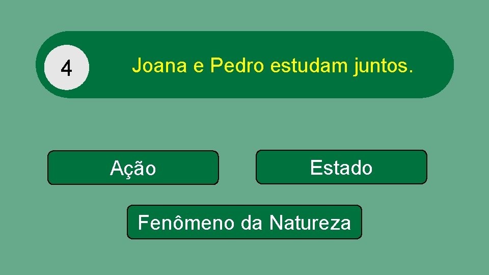 4 Joana e Pedro estudam juntos. Ação Estado Fenômeno da Natureza 