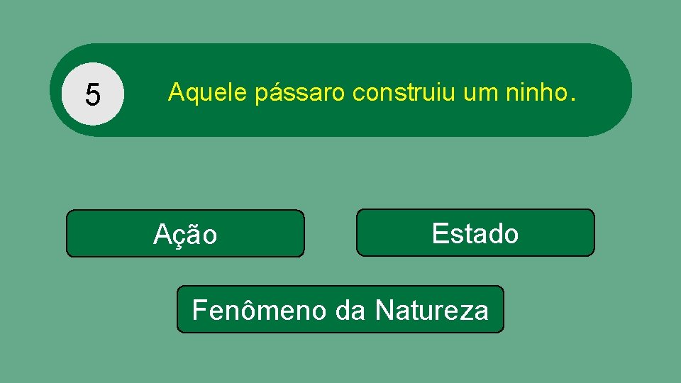 5 Aquele pássaro construiu um ninho. Ação Estado Fenômeno da Natureza 