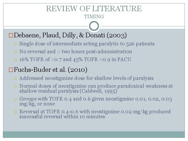 REVIEW OF LITERATURE TIMING �Debaene, Plaud, Dilly, & Donati (2003) Single dose of intermediate