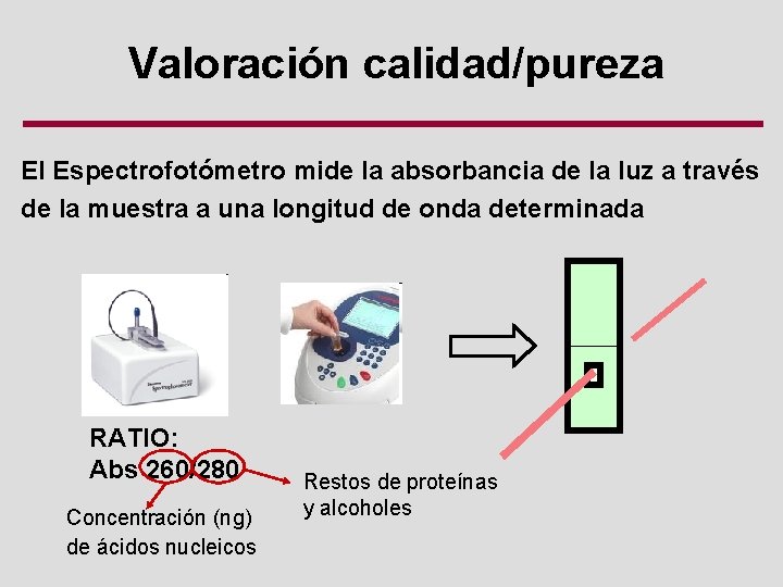 Valoración calidad/pureza El Espectrofotómetro mide la absorbancia de la luz a través de la