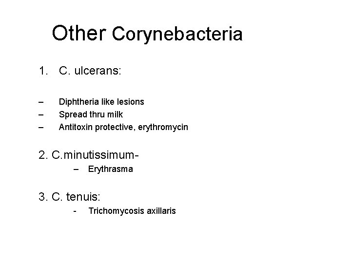 Other Corynebacteria 1. C. ulcerans: – – – Diphtheria like lesions Spread thru milk