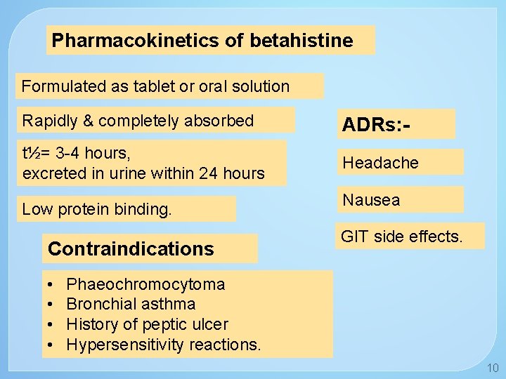 Pharmacokinetics of betahistine Formulated as tablet or oral solution Rapidly & completely absorbed ADRs: