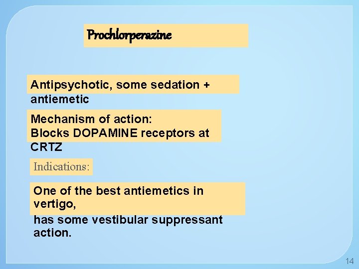 Prochlorperazine Antipsychotic, some sedation + antiemetic Mechanism of action: Blocks DOPAMINE receptors at CRTZ