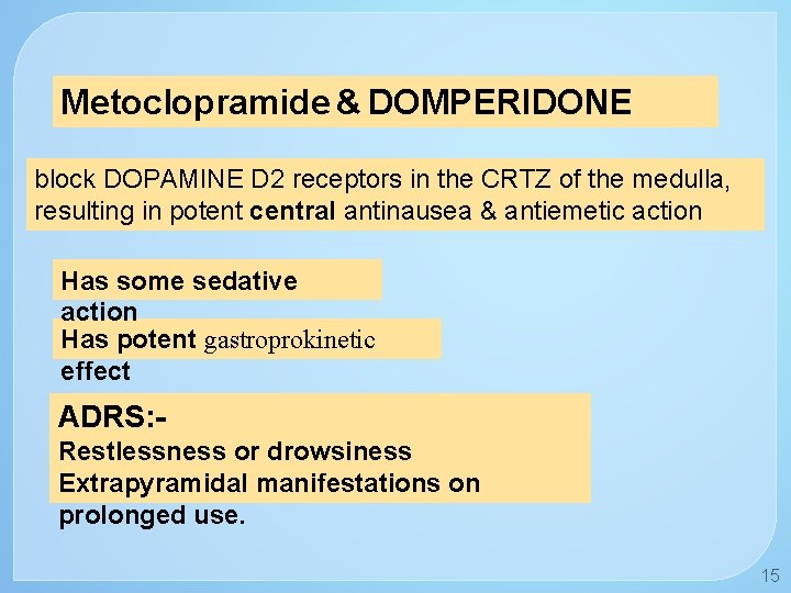 Metoclopramide & DOMPERIDONE block DOPAMINE D 2 receptors in the CRTZ of the medulla,