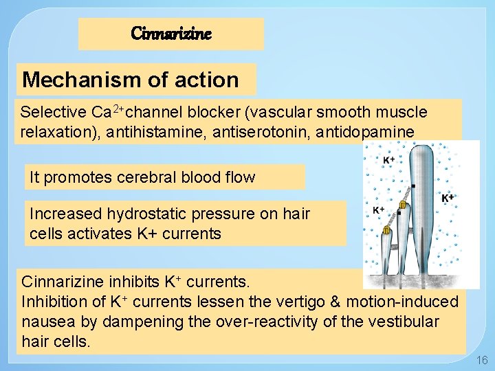 Cinnarizine Mechanism of action Selective Ca 2+channel blocker (vascular smooth muscle relaxation), antihistamine, antiserotonin,