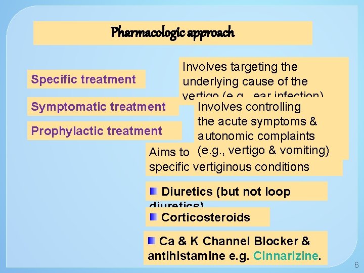 Pharmacologic approach Involves targeting the Specific treatment underlying cause of the vertigo (e. g.