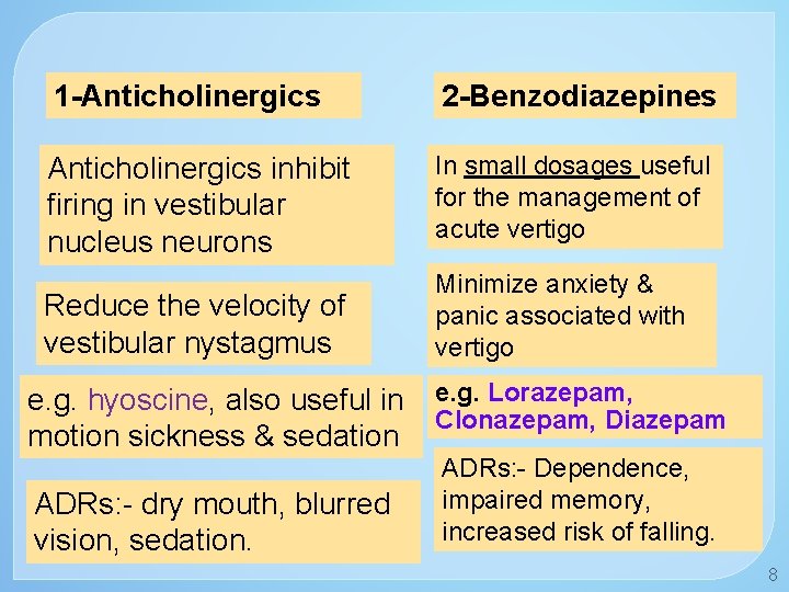 1 -Anticholinergics 2 -Benzodiazepines Anticholinergics inhibit firing in vestibular nucleus neurons In small dosages