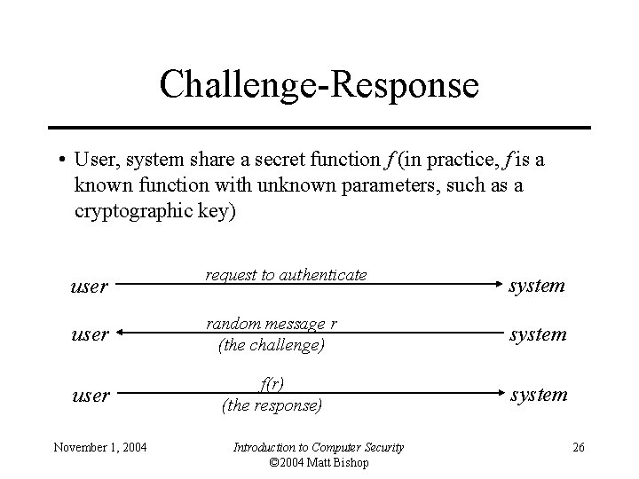 Challenge-Response • User, system share a secret function f (in practice, f is a