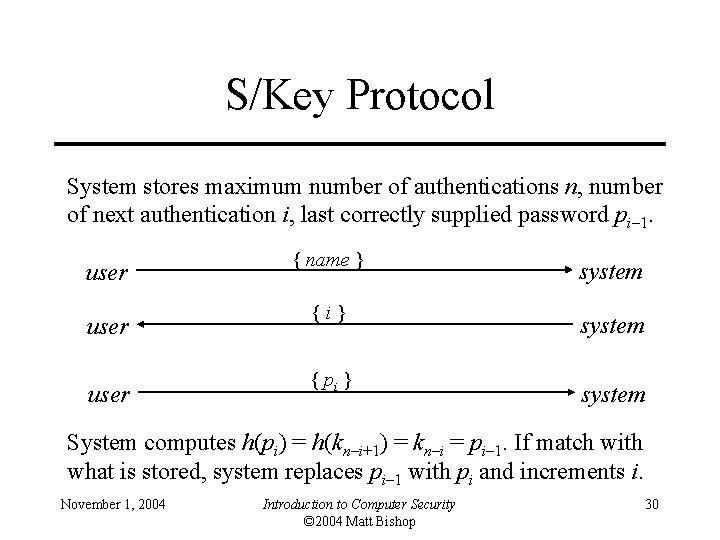 S/Key Protocol System stores maximum number of authentications n, number of next authentication i,