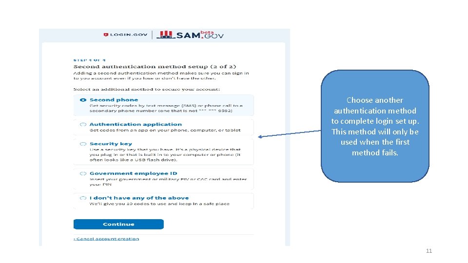 Choose another authentication method to complete login set up. This method will only be