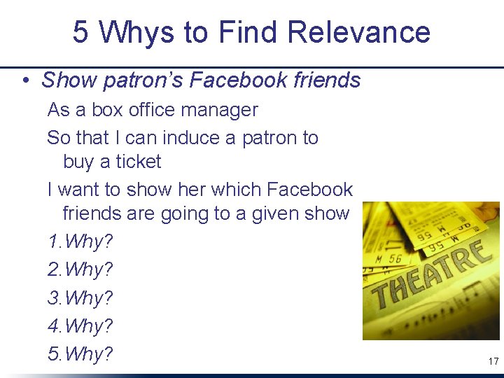 5 Whys to Find Relevance • Show patron’s Facebook friends As a box office
