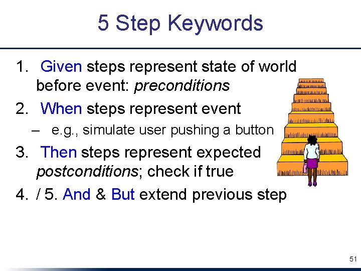 5 Step Keywords 1. Given steps represent state of world before event: preconditions 2.