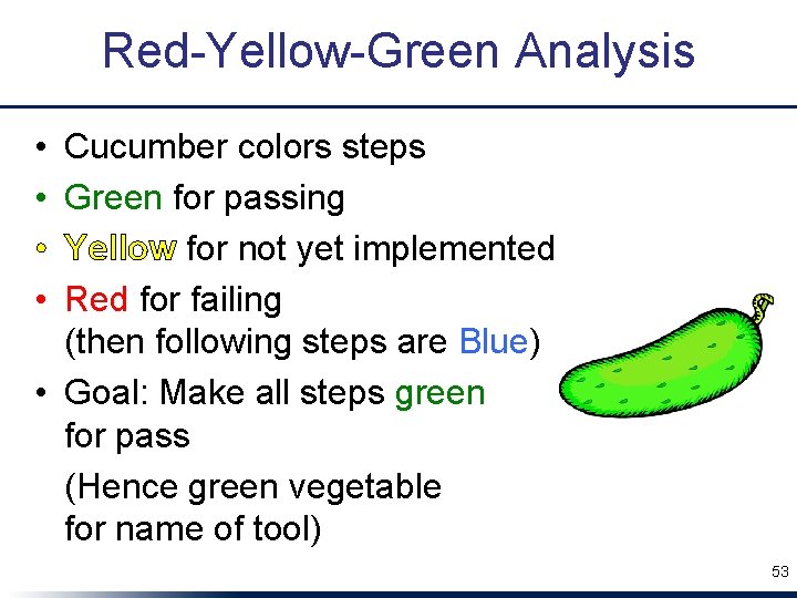 Red-Yellow-Green Analysis • • Cucumber colors steps Green for passing Yellow for not yet