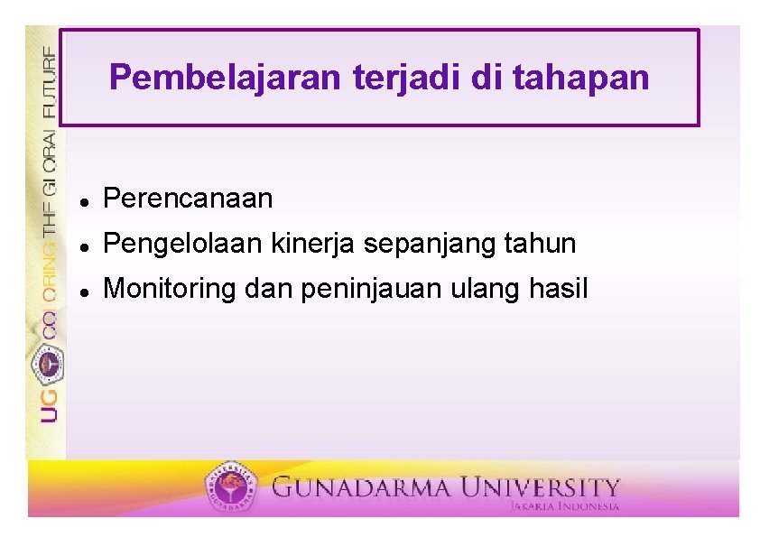 Pembelajaran terjadi di tahapan Perencanaan Pengelolaan kinerja sepanjang tahun Monitoring dan peninjauan ulang hasil