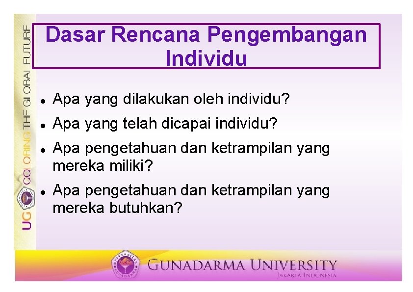 Dasar Rencana Pengembangan Individu Apa yang dilakukan oleh individu? Apa yang telah dicapai individu?