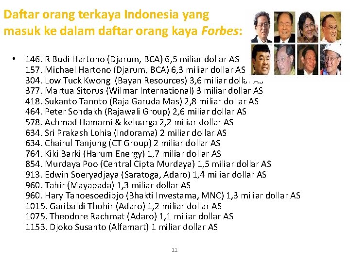 Daftar orang terkaya Indonesia yang masuk ke dalam daftar orang kaya Forbes: • 146.