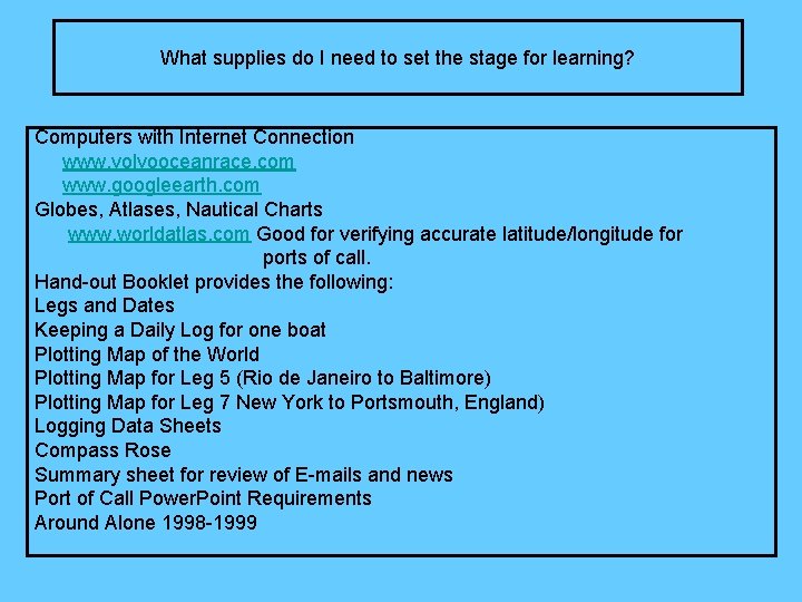 What supplies do I need to set the stage for learning? Computers with Internet