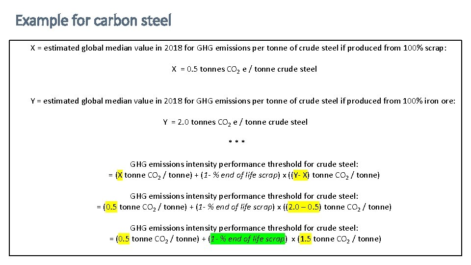 Example for carbon steel X = estimated global median value in 2018 for GHG