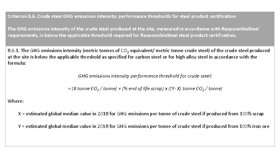 Criterion 8. 6. Crude steel GHG emissions intensity: performance thresholds for steel product certification