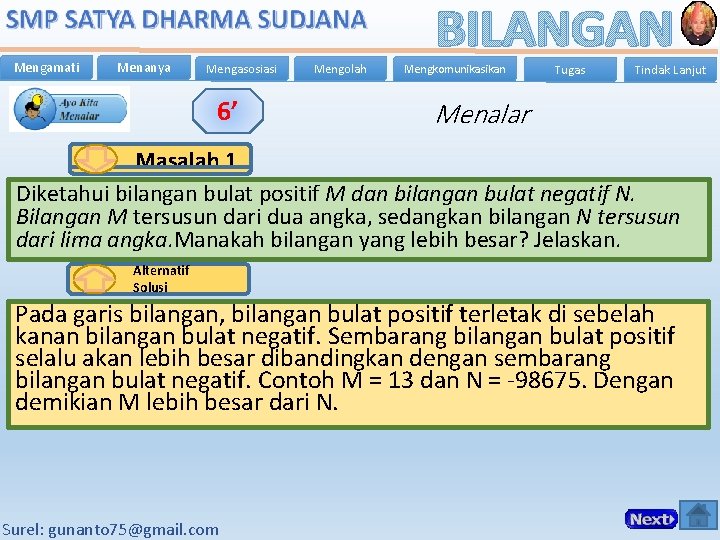 Mengamati Menanya Mengasosiasi 6’ Mengolah BILANGAN Mengkomunikasikan Tugas Tindak Lanjut Menalar Masalah 1 Diketahui