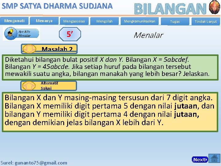 Mengamati Menanya Mengasosiasi 5’ Mengolah BILANGAN Mengkomunikasikan Tugas Tindak Lanjut Menalar Masalah 2 Diketahui