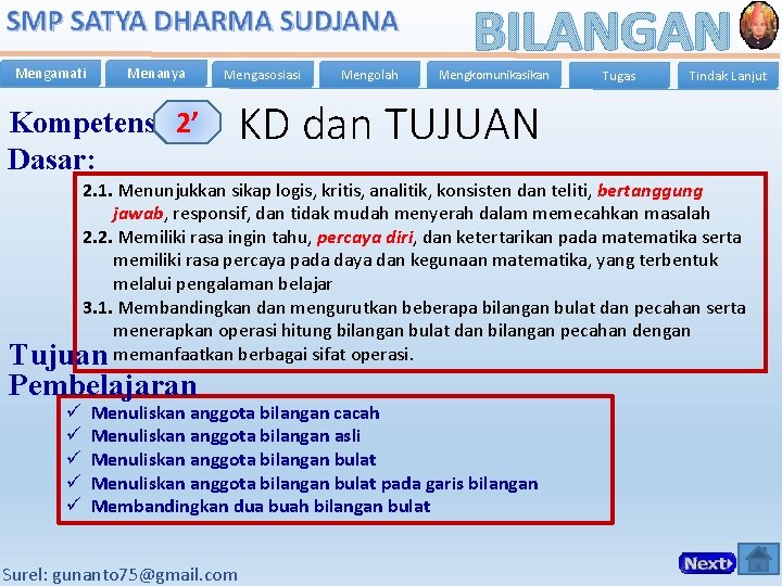 Mengamati Menanya Kompetensi 2’ Dasar: Mengasosiasi Mengolah BILANGAN Mengkomunikasikan Tugas Tindak Lanjut KD dan