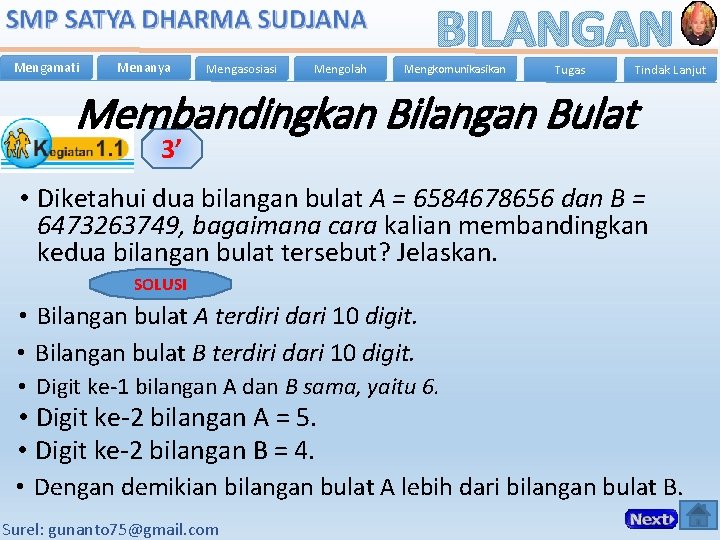 Mengamati Menanya Mengasosiasi Mengolah BILANGAN Mengkomunikasikan Tugas Tindak Lanjut Membandingkan Bilangan Bulat 3’ •