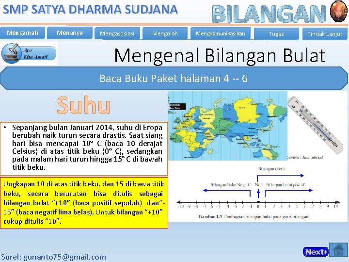 Mengamati Menanya Mengasosiasi Mengolah BILANGAN Mengkomunikasikan Tugas Tindak Lanjut Mengenal Bilangan Bulat Baca Buku