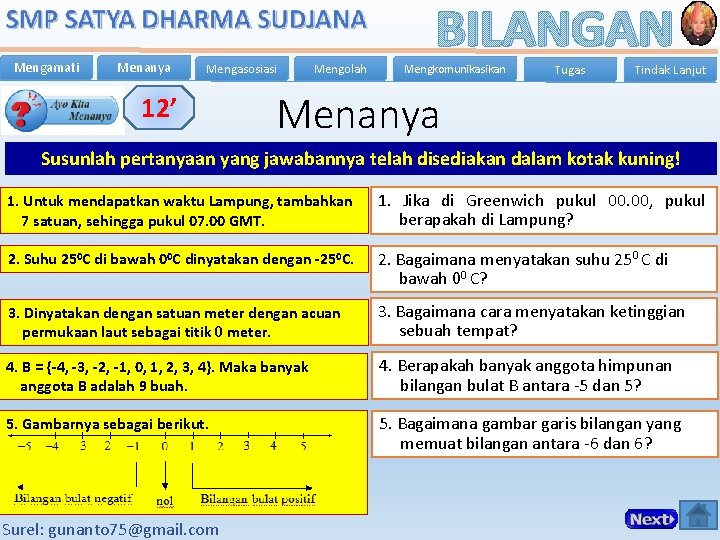Mengamati Menanya Mengasosiasi 12’ Mengolah BILANGAN Mengkomunikasikan Tugas Tindak Lanjut Menanya Susunlah pertanyaan yang