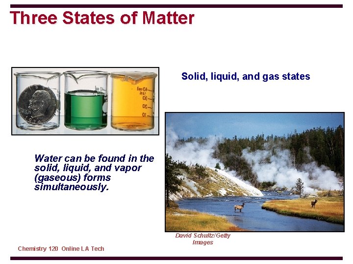 Three States of Matter Solid, liquid, and gas states Water can be found in