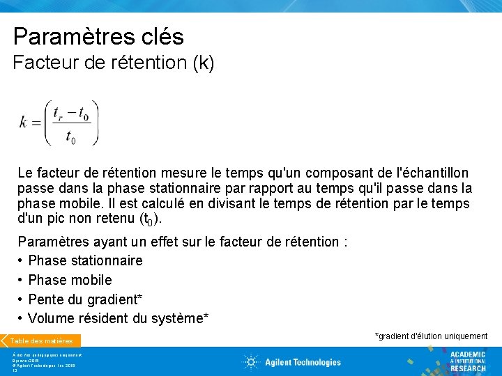 Paramètres clés Facteur de rétention (k) Le facteur de rétention mesure le temps qu'un