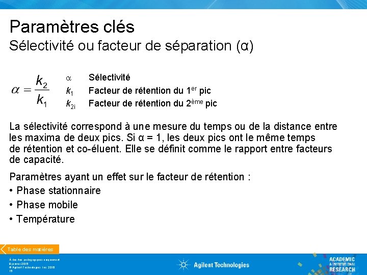 Paramètres clés Sélectivité ou facteur de séparation (α) a k 1 k 2 i