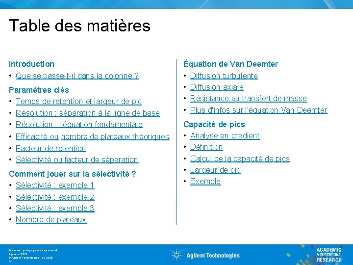 Table des matières Introduction • Que se passe-t-il dans la colonne ? Paramètres clés