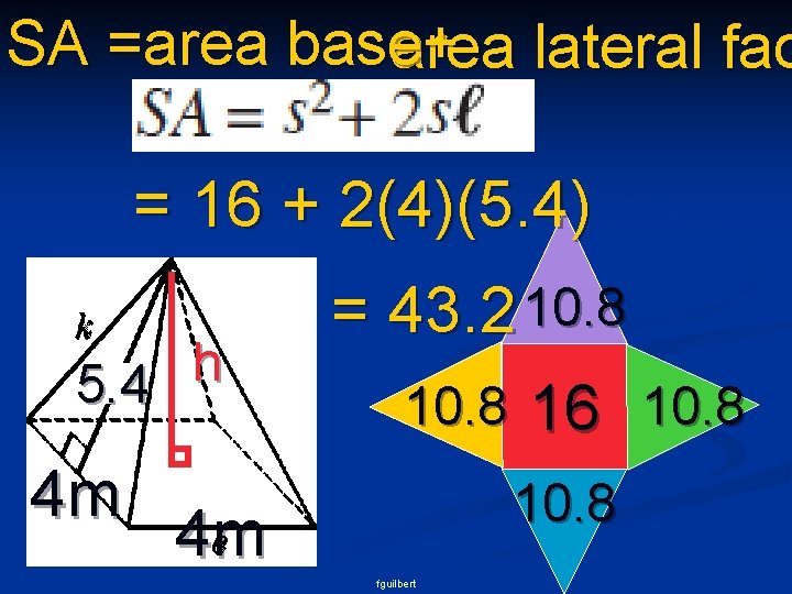 SA =area base+ area lateral fac = 16 + 2(4)(5. 4) h 5. 4