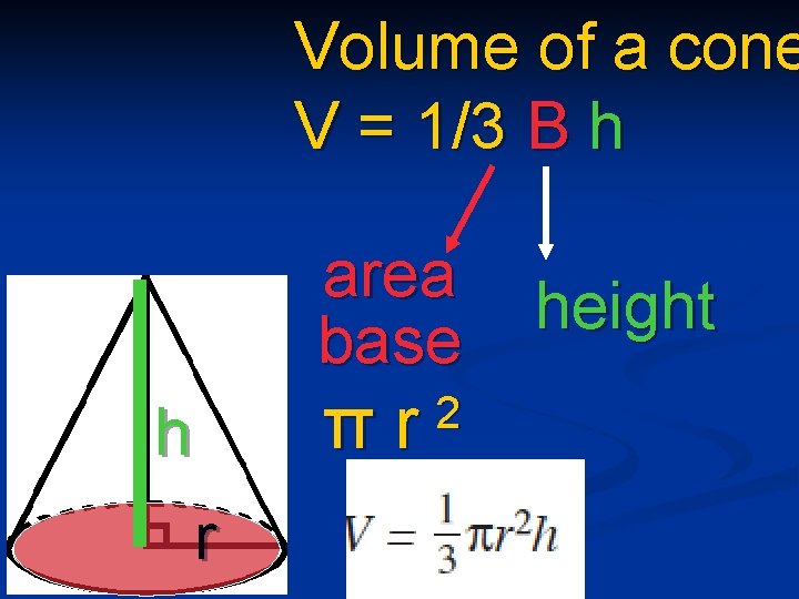 Volume of a cone V = 1/3 B h area base πr h r