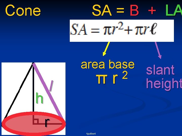 Cone h SA = B + LA l area base slant 2 πr r