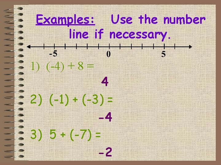 Examples: Use the number line if necessary. 1) (-4) + 8 = 4 2)