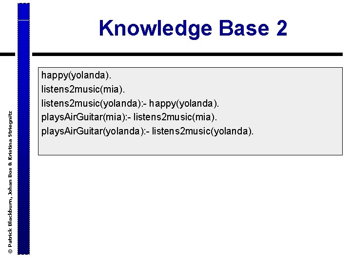 © Patrick Blackburn, Johan Bos & Kristina Striegnitz Knowledge Base 2 happy(yolanda). listens 2