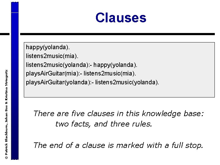 © Patrick Blackburn, Johan Bos & Kristina Striegnitz Clauses happy(yolanda). listens 2 music(mia). listens