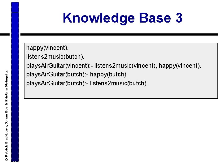 © Patrick Blackburn, Johan Bos & Kristina Striegnitz Knowledge Base 3 happy(vincent). listens 2