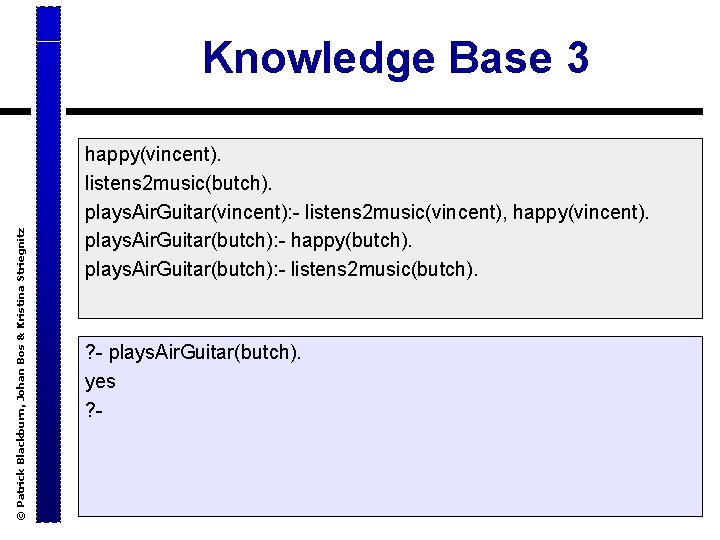 © Patrick Blackburn, Johan Bos & Kristina Striegnitz Knowledge Base 3 happy(vincent). listens 2