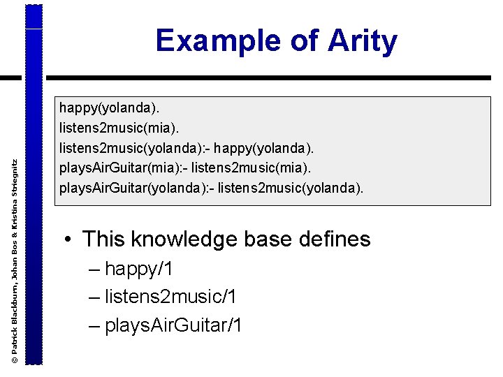 © Patrick Blackburn, Johan Bos & Kristina Striegnitz Example of Arity happy(yolanda). listens 2