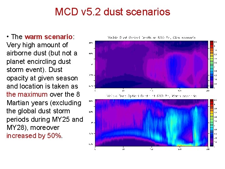 MCD v 5. 2 dust scenarios • The warm scenario: Very high amount of