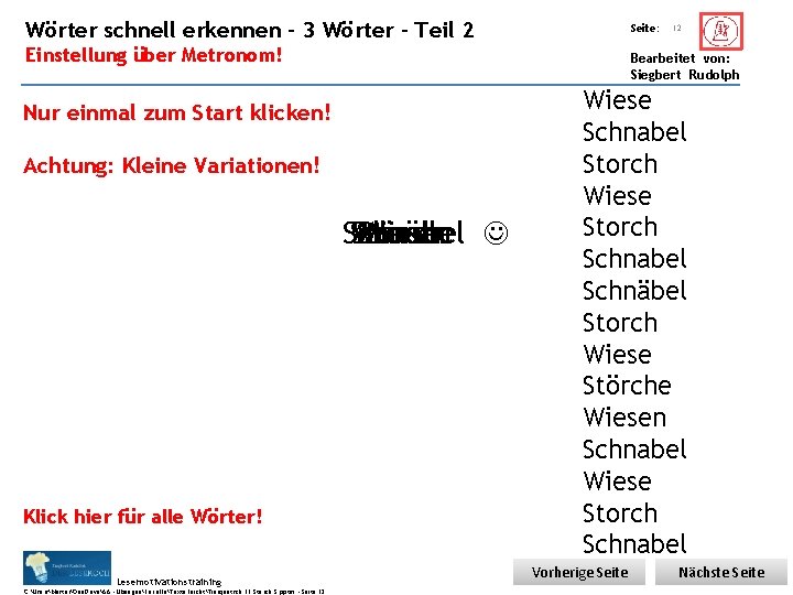 Übungsart: Wörter schnell erkennen – 3 Wörter – Teil 2 Seite: Einstellung über Metronom!