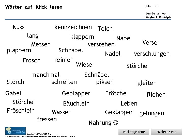 Übungsart: auf Klick lesen Wörter Seite: 13 Bearbeitet von: Siegbert Rudolph Kuss kennzeichnen Teich