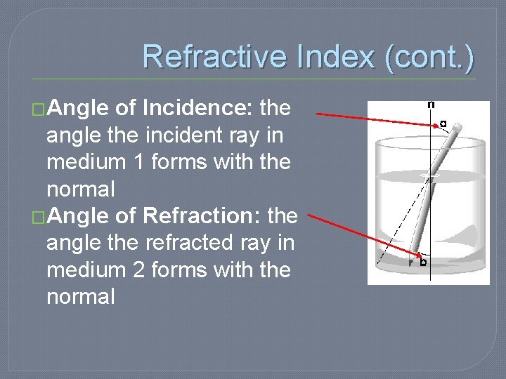 Refractive Index (cont. ) �Angle of Incidence: the angle the incident ray in medium