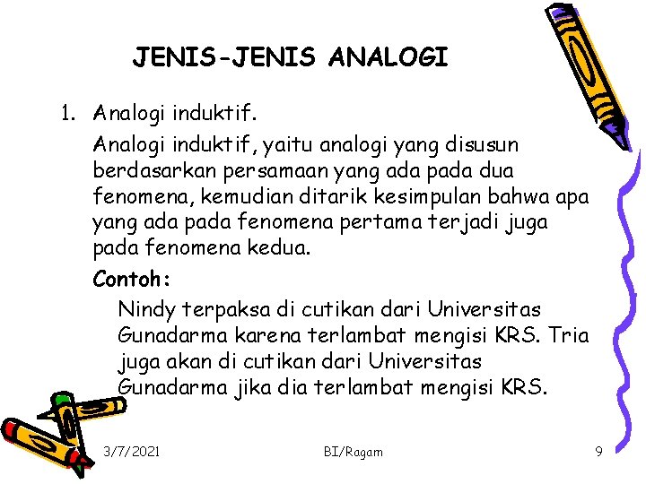 JENIS-JENIS ANALOGI 1. Analogi induktif, yaitu analogi yang disusun berdasarkan persamaan yang ada pada