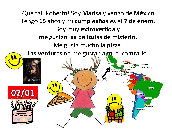 ¡Qué tal, Roberto! Soy Marisa y vengo de México. Tengo 15 años y mi